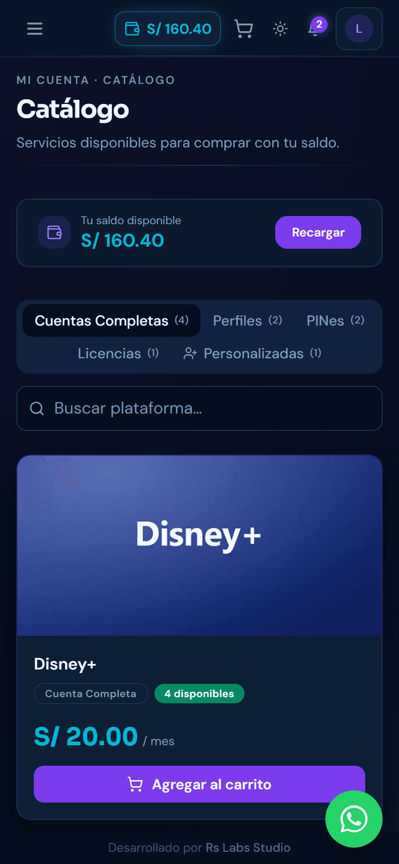 Catálogo del cliente con su saldo, los precios y el botón para agregar al carrito
