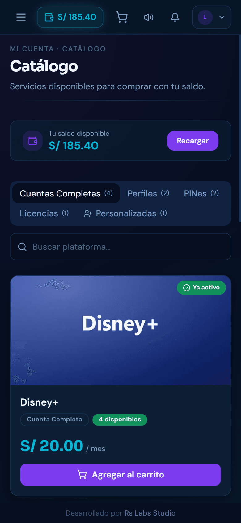Vista del cliente en el móvil: catálogo de servicios con su saldo