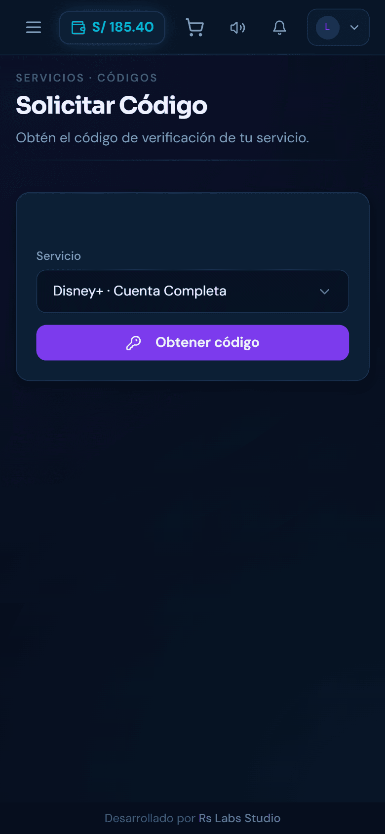 Panel del cliente en el móvil: pantalla para obtener el código de acceso de su servicio