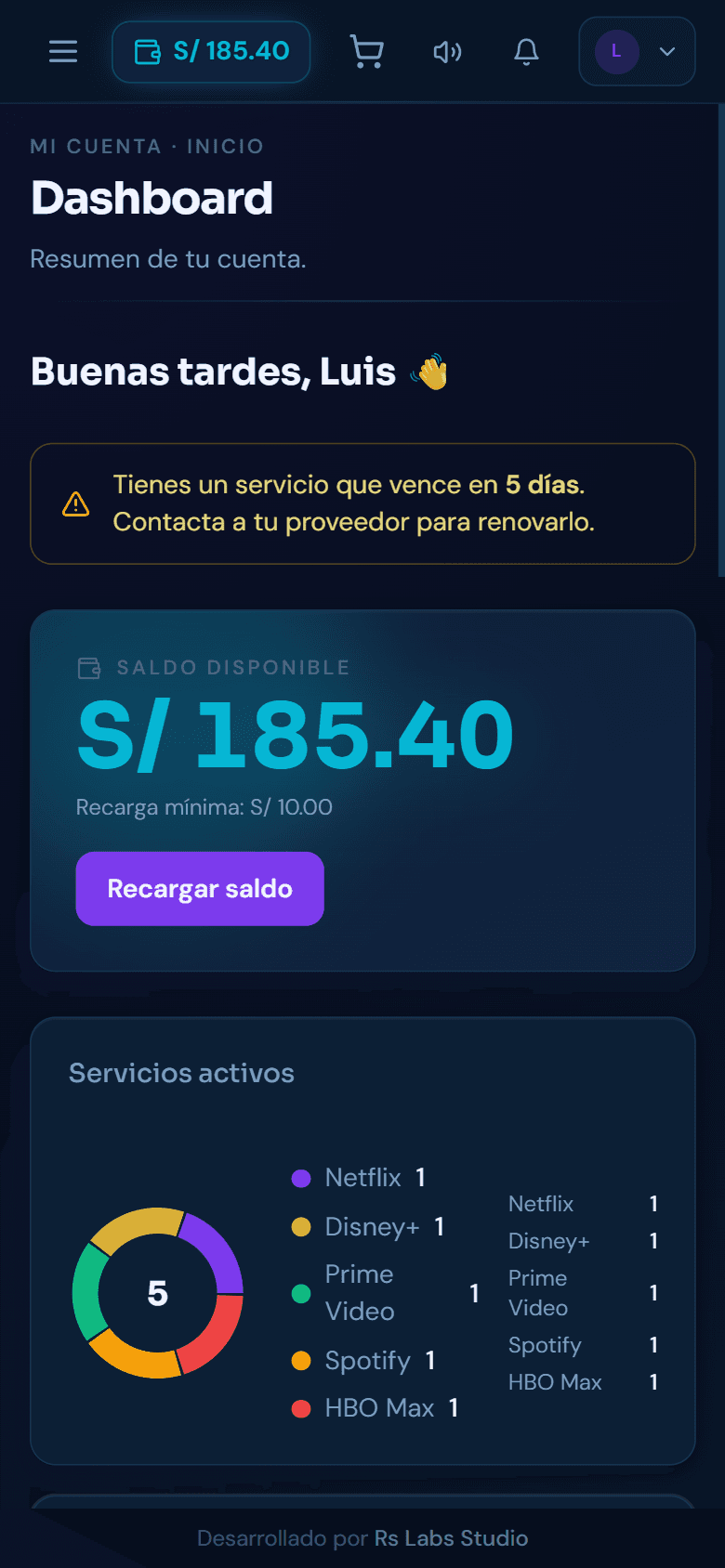 Panel del cliente en el móvil: resumen con su saldo y sus servicios activos