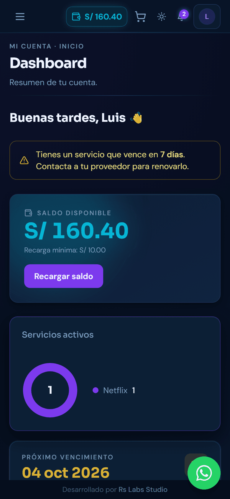 Inicio del cliente con su saldo disponible y el aviso de un servicio por vencer