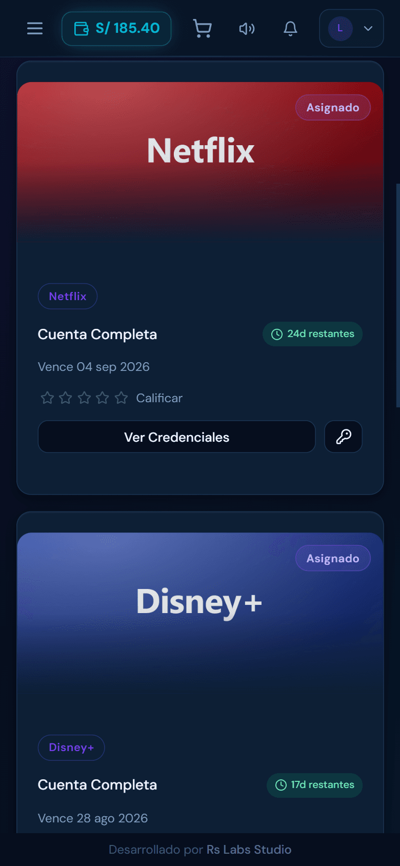 Panel del cliente en el móvil: catálogo de servicios disponibles con sus precios