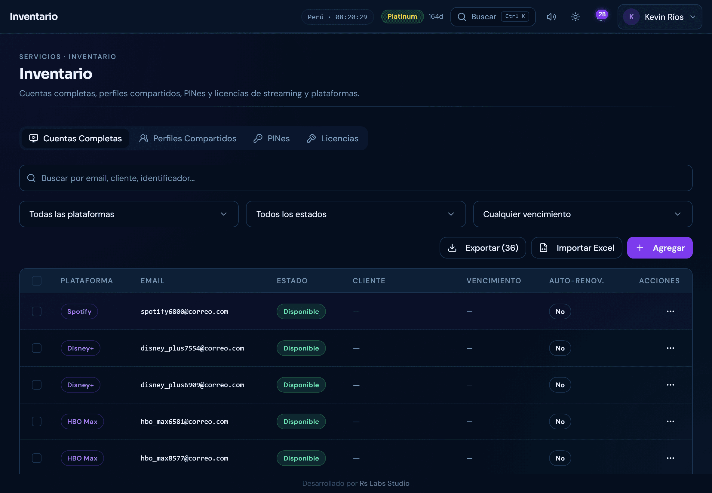 Inventario del admin con cuentas por plataforma y su estado