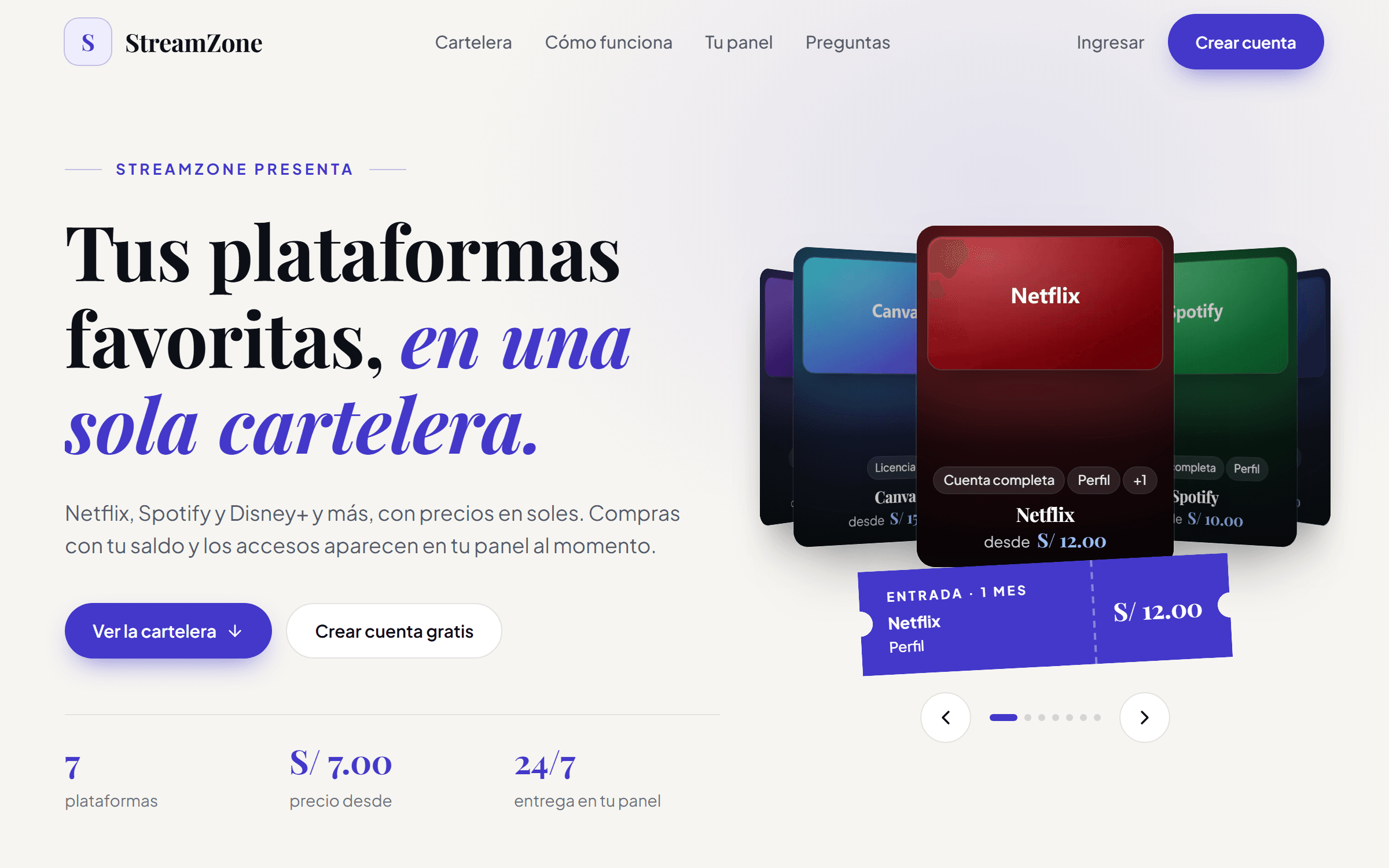 Página pública de una tienda con su nombre, su cartelera de plataformas y el botón para crear cuenta